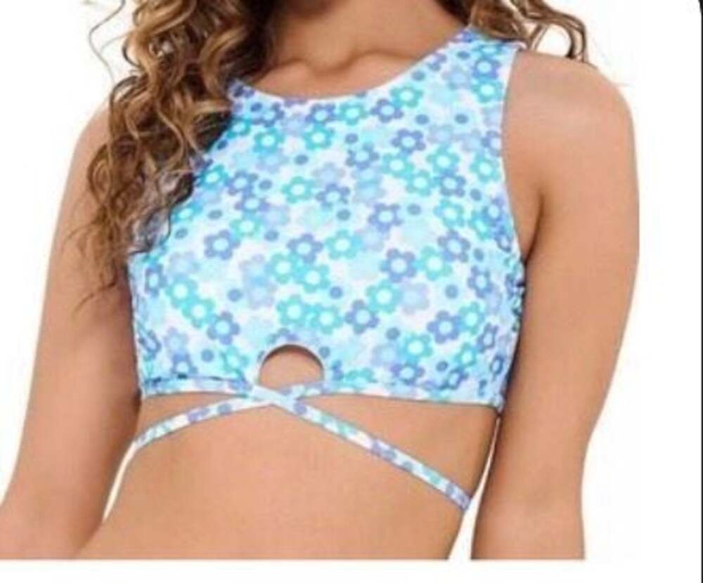 Ninety-Nine Degrees Blue Floral Print High Neck Tie-Front Bikini Top M